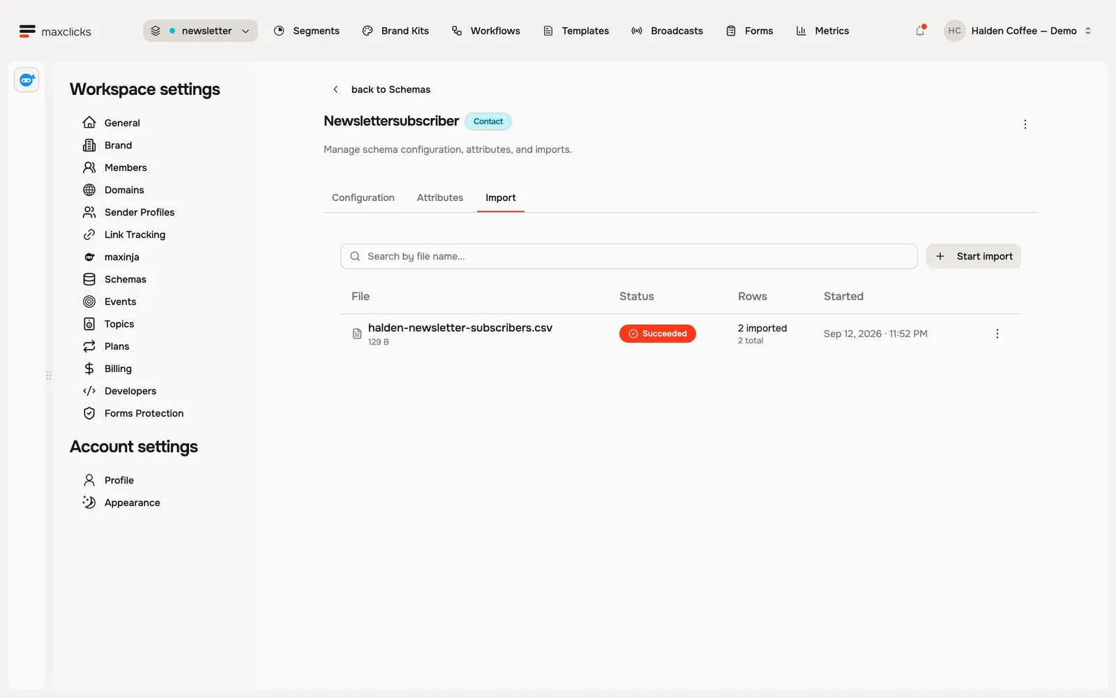 The Newsletter subscriber Import tab with a succeeded CSV job and two of two rows imported