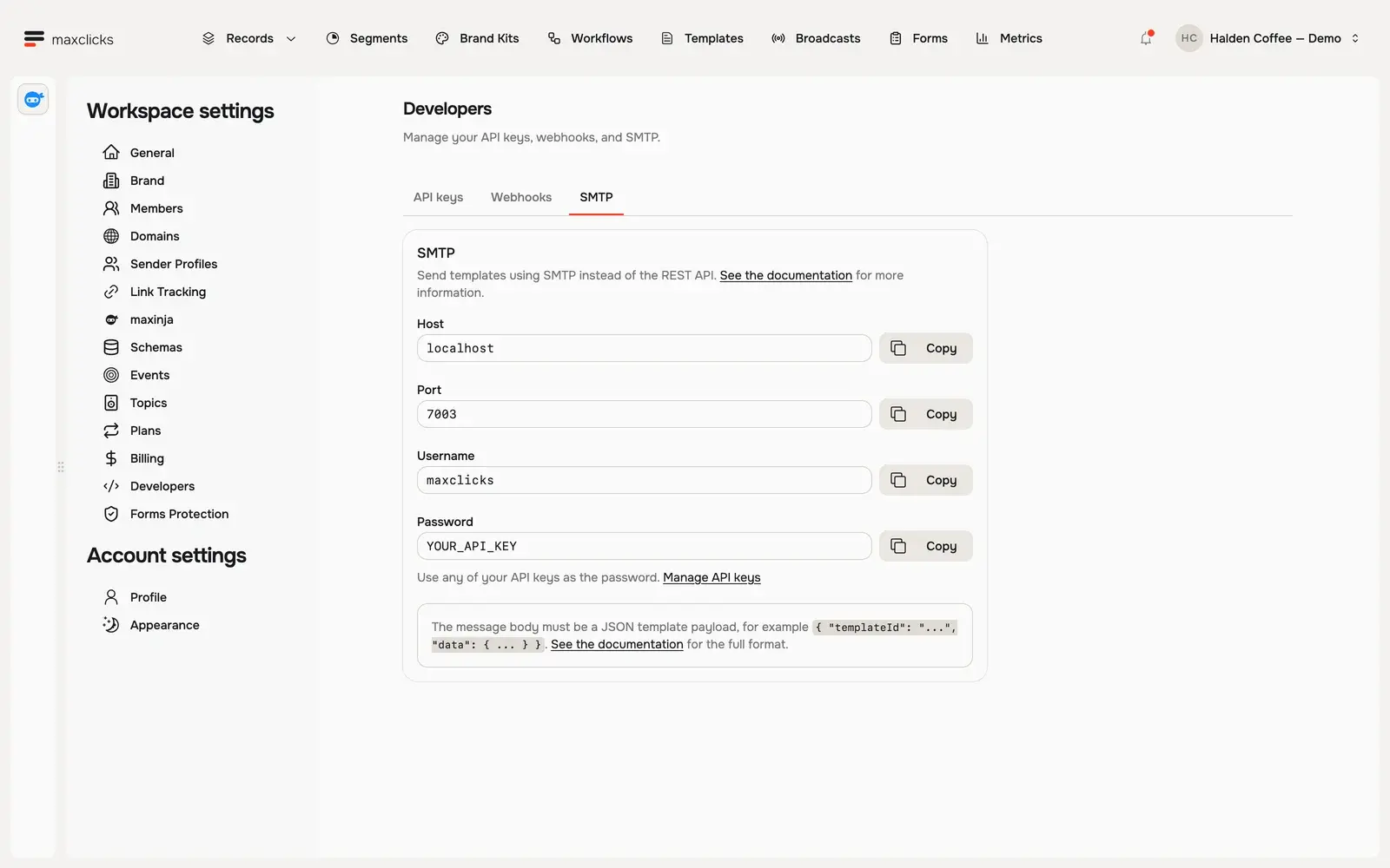 SMTP connection settings and the required JSON template payload example