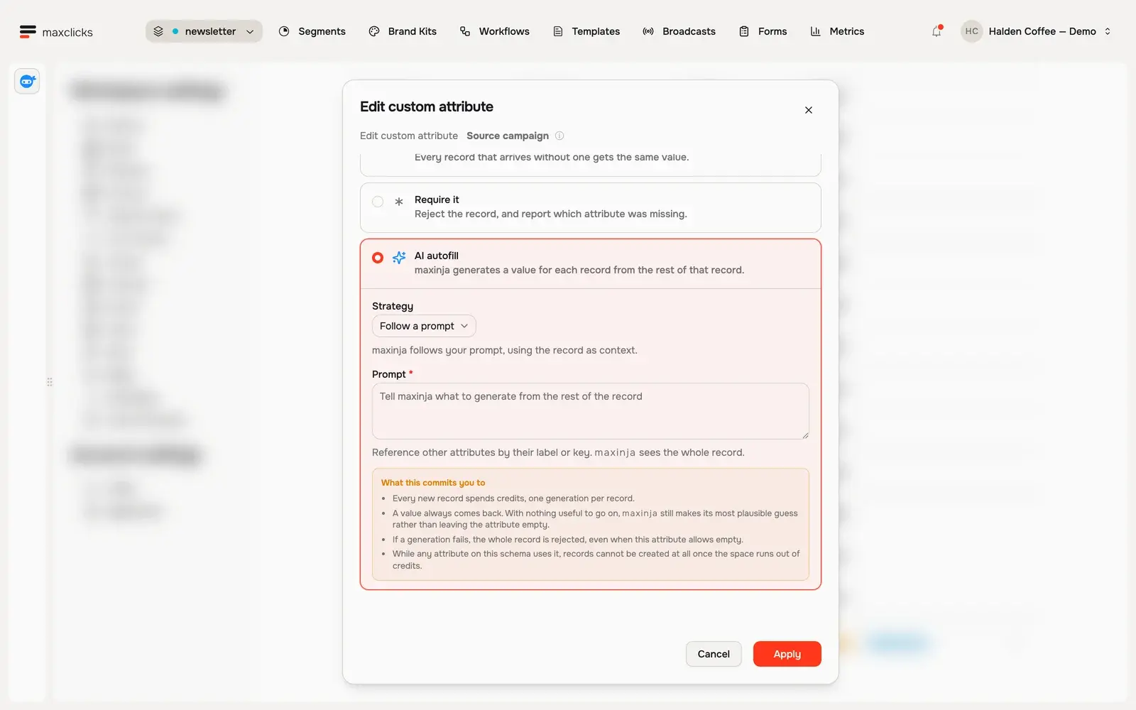Attribute editor showing AI autofill prompt controls and credit and failure conditions
