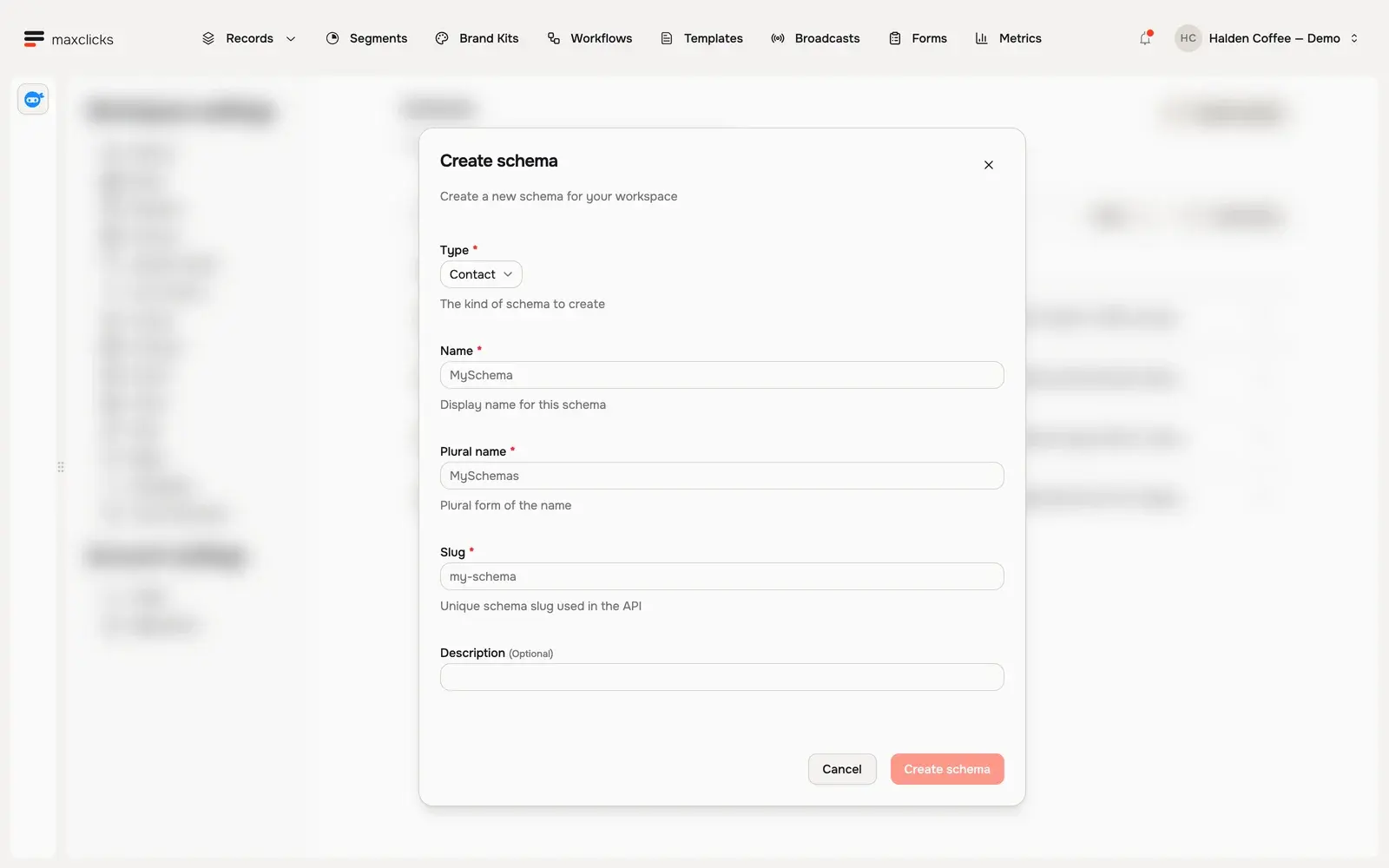 Create schema pane with Contact selected and fields for name, plural name, slug and description