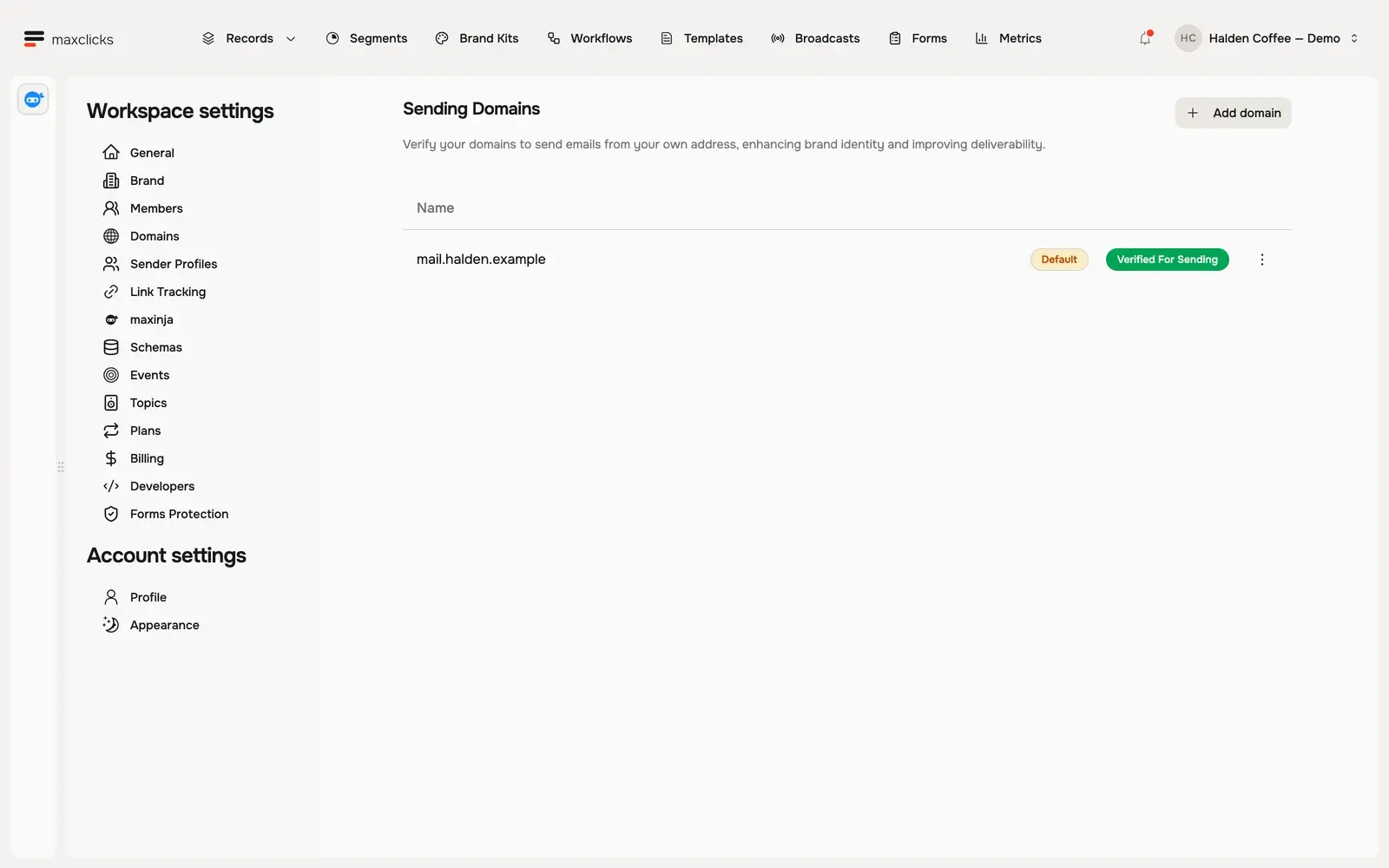 Sending Domains list with the configured fictional mail.halden.example domain