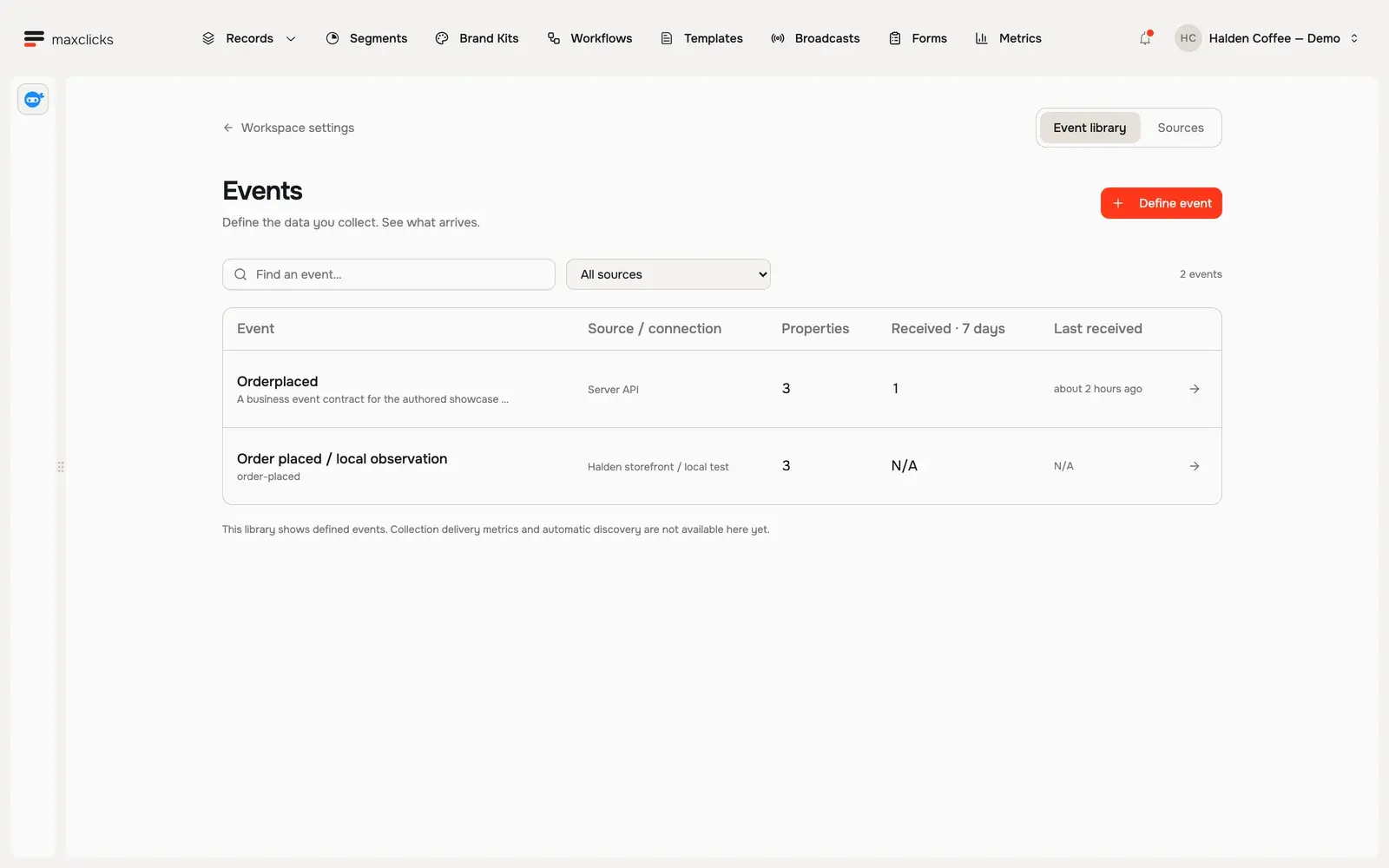 Event library showing business Orderplaced and a collected order observation, sources and properties