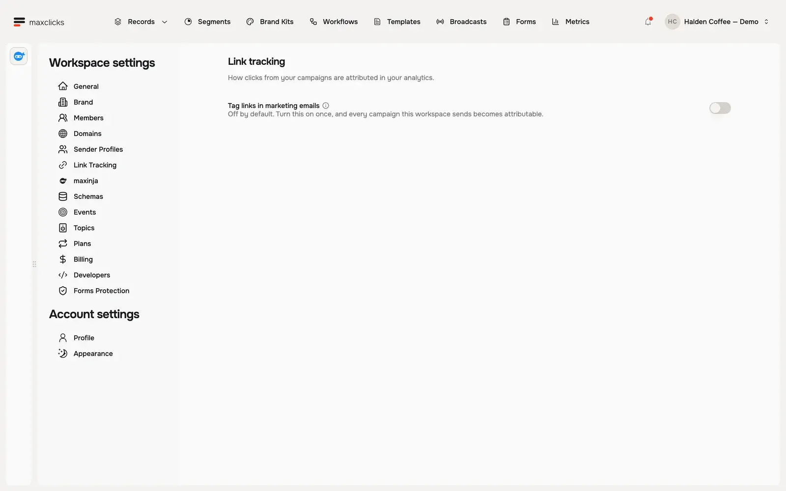 Link tracking settings with marketing email link tagging disabled