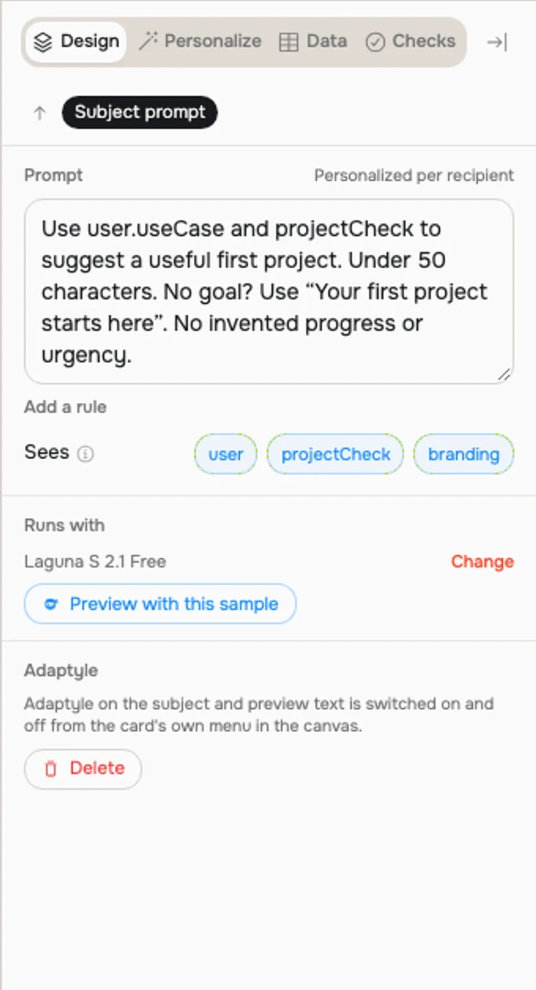 The actual Loopwell email template in the rich editor with Adaptyle subject and body instructions.