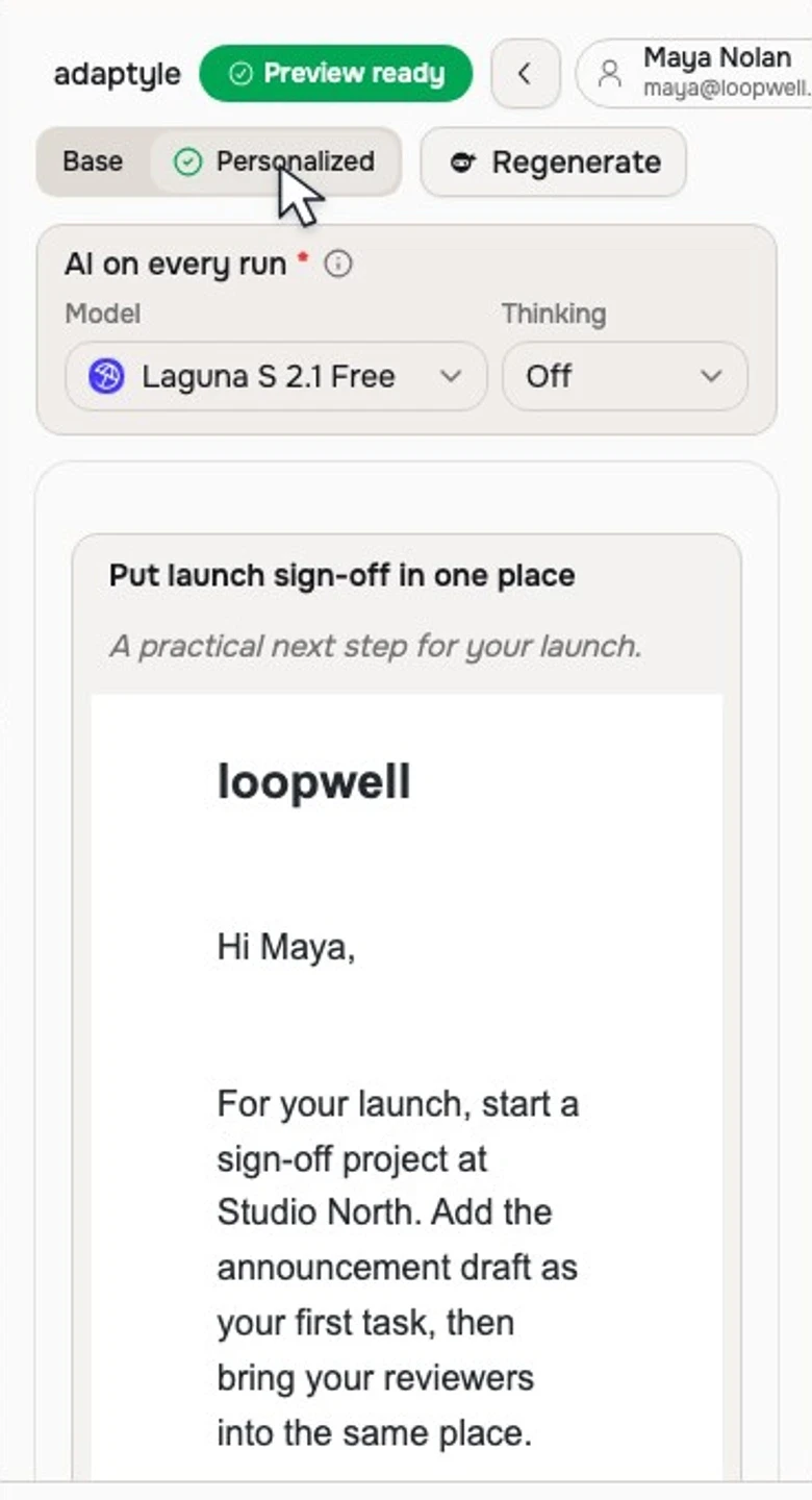The actual saved email preview for Maya, with a personal subject and launch sign-off guidance for Studio North.