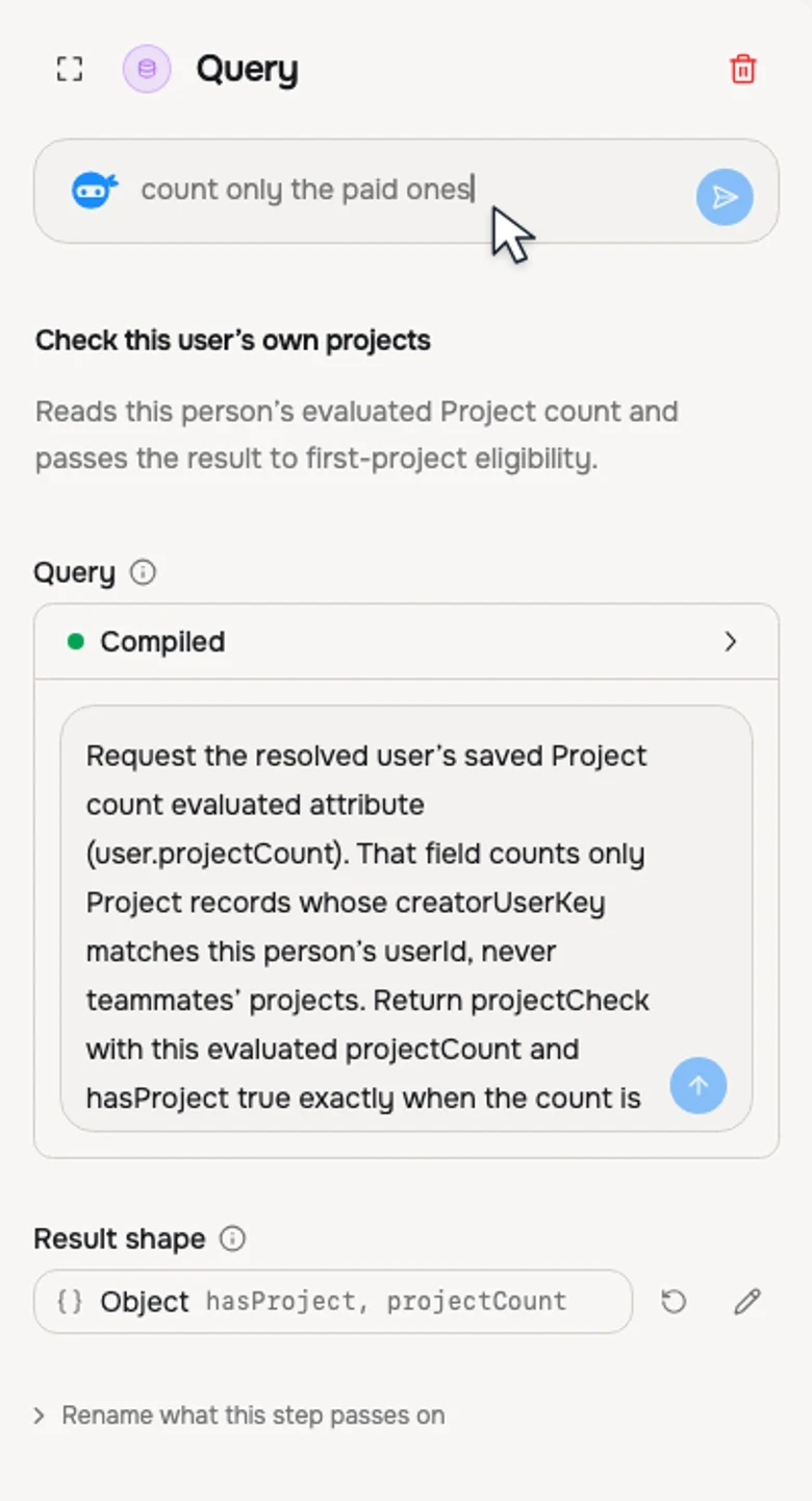 The native Query inspector reads user.projectCount and passes projectCheck to the next journey condition.