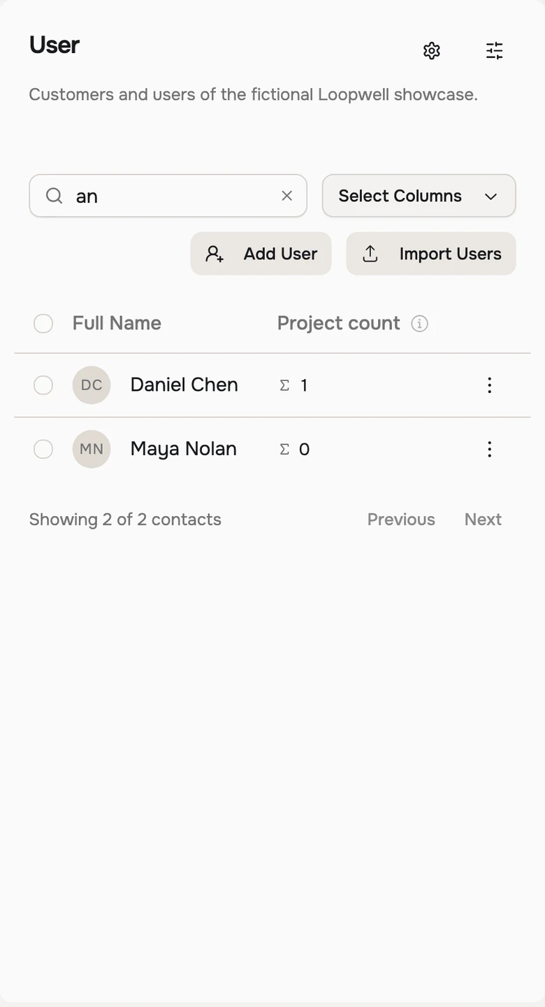 The native customer table showing Maya Nolan with zero projects and Daniel Chen with one.