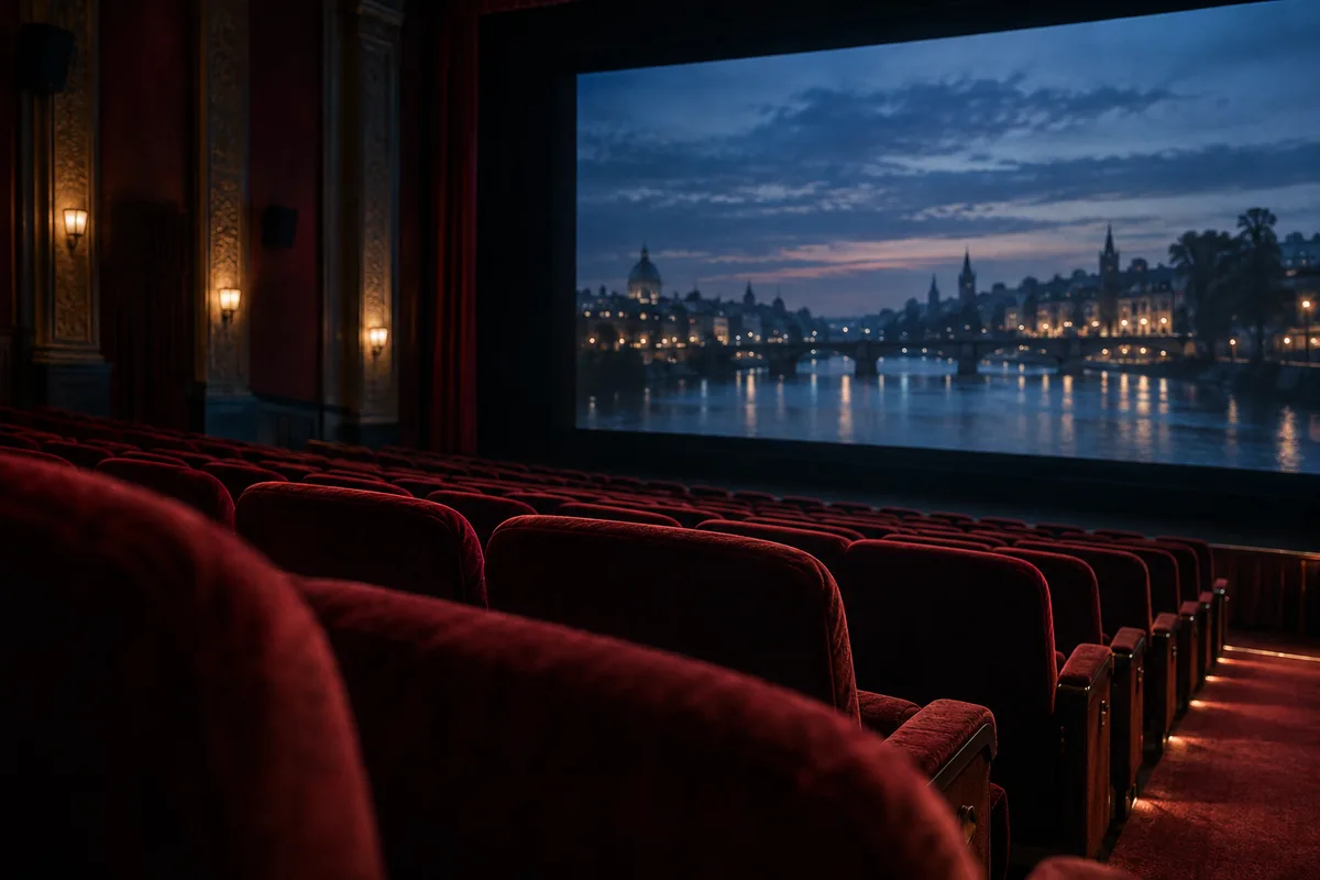 An independent cinema with red seats and a film on screen