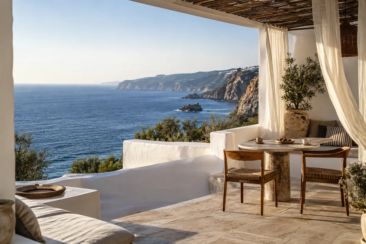 A hotel terrace overlooking the coast