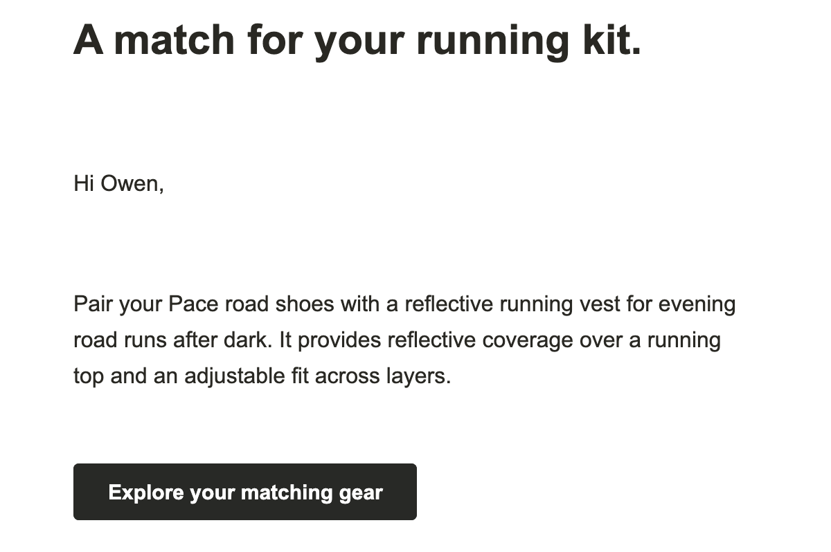 Native recipient preview for Owen, with the generated reflective-vest paragraph and the unchanged Explore your matching gear button.